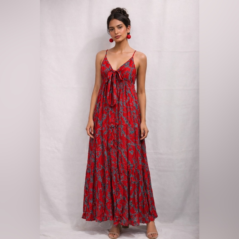 Maple Red Floral Boho Maxi Dress Open Back Tie Front Size 14